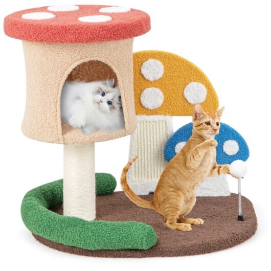 Costway - Mushroom Cat Tower 4-In-1 Wooden Cat Tree Activity Center Climbing Stand w/Condo