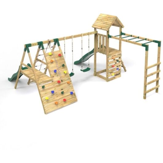 Rebo - Wooden Climbing Frame with Swings, 2 Slides, Up & over Climbing wall and Monkey Bars - Pennine