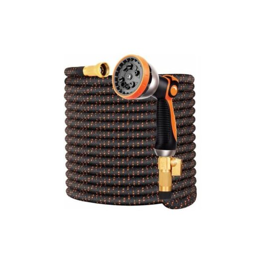 30m/100ft expandable garden hose with 10 spray patterns, fits 1/2" and 3/4" taps, solid brass fittings