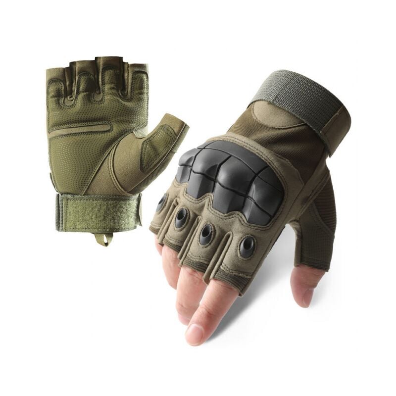 L, Army Green) Joint Protection Gloves, Hard Rubber Half Finger Gloves for Outdoor Exercise, Climbing, Running, Hiking, Camping, Cycling, Motorcycle