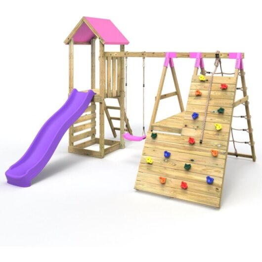 Rebo - Wooden Climbing Frame with Swings, 6+8FT Slides & Climbing Wall - Alverstone Pink