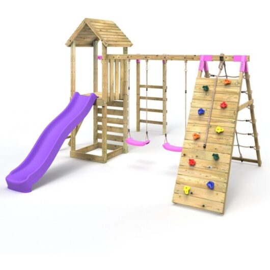 Rebo - Wooden Climbing Frame with Swings, Slide, Up & over Climbing wall and Monkey Bars - Dolomite Pink
