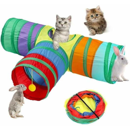 Soleil - Cat Tunnels for Indoor Cats 3 Way Rabbit Tunnel 4 Holes Lightweight Collapsible Large Guinea Pig Tunnel Toys with Pompom for Small Animal