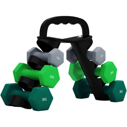 Sportnow - Dumbbells Set with Storage Rack, 2 x 1kg, 2 x 2kg, 2 x 3kg, Grey