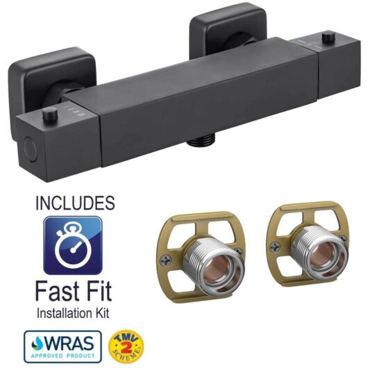 Buyaparcel - Black Thermostatic Bar Mixer Shower Valve Square Bottom Outlet + Fast Fit Kit