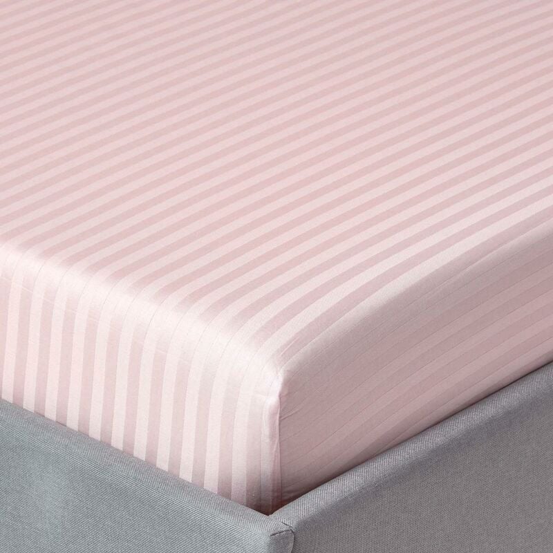 HOMESCAPES Pink Egyptian Cotton Satin Stripe Fitted Sheet 330 Thread Count, Super King - Pink
