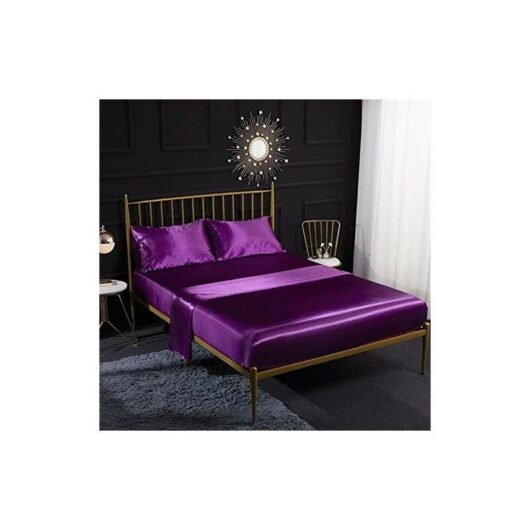 4pcs Cream Silk Satin Bedding Set with Fitted Sheet, Flat Sheet, Pillowcase, Breathable, Soft and Comfortable for Double Bed (Purple) 138x190x35cm
