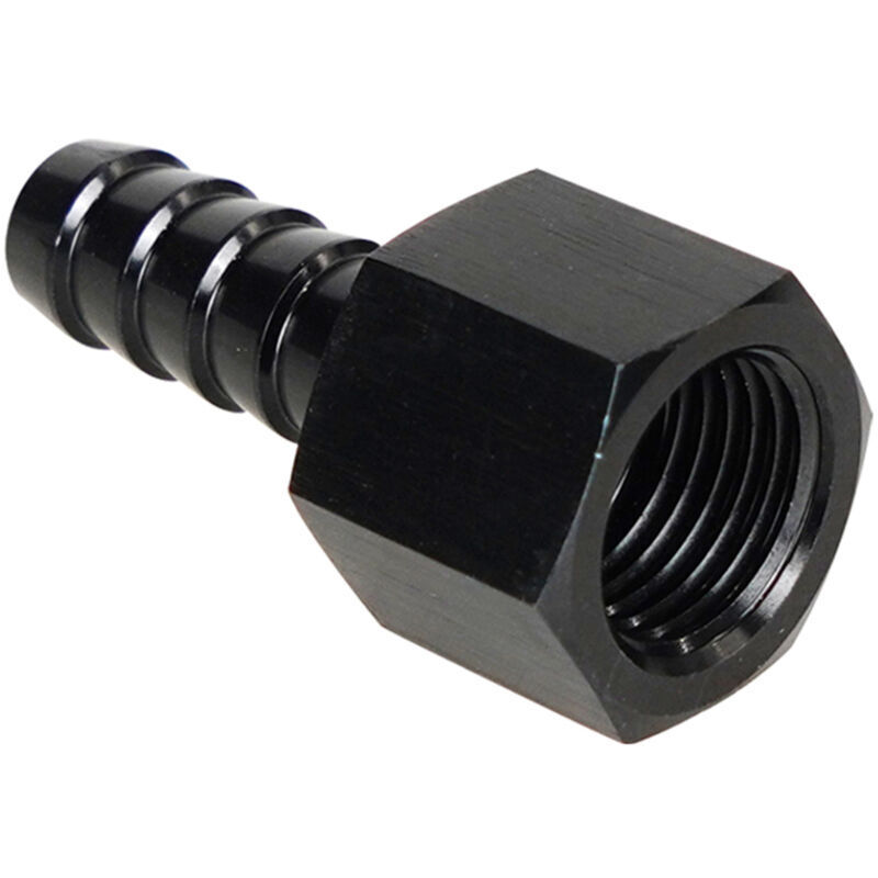 6AN Right Swivel Hose End Fitting, Anodized Aluminum Female to 3/8 Inch Barb Fitting for Fuel Fluid, Black.