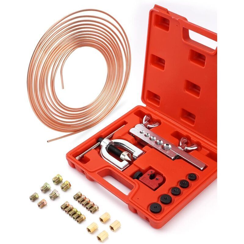 Double and Single Brake Line Flaring Tool Kit, 7.62m x 4.75mm Steel Brake Line (16 fittings + 4 connectors), Brake Line Kit