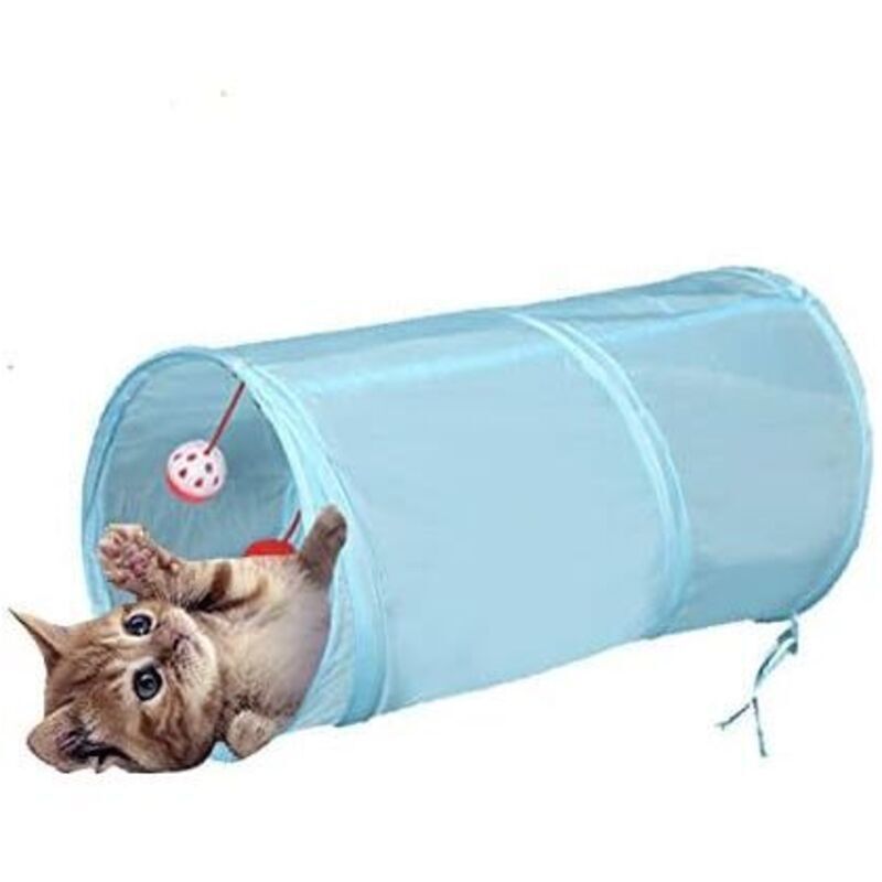 Interactive, foldable, and lightweight 5-tunnel maze made of crinkly fabric with a pom-pom and bells for cats, small rabbits, kittens, puppies,