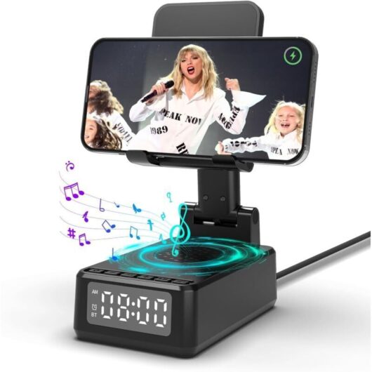 5-in-1 Portable Bluetooth Speaker, Alarm Clock, Wireless Charger, Foldable Mobile Phone Stand for Office, Gift Idea for Men's Birthdays, Original and