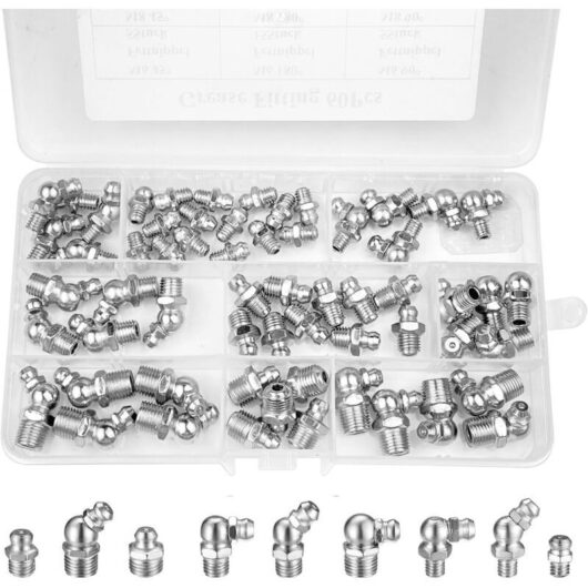 60-Piece Screw-On Grease Fitting Assortment M6 M8 M10, Straight Grease Fitting 45° 90° 180°, with Plastic Case, for Mechanical Equipment, Grease