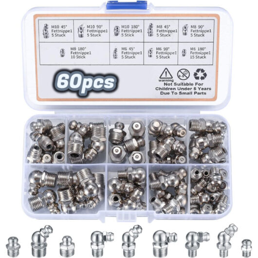 60 Pieces Grease Fitting Assortment, Threaded Grease Fittings, M6 M8 M10 Grease Fittings, Male Thread Fittings Straight/45°/90° Grease Fittings for