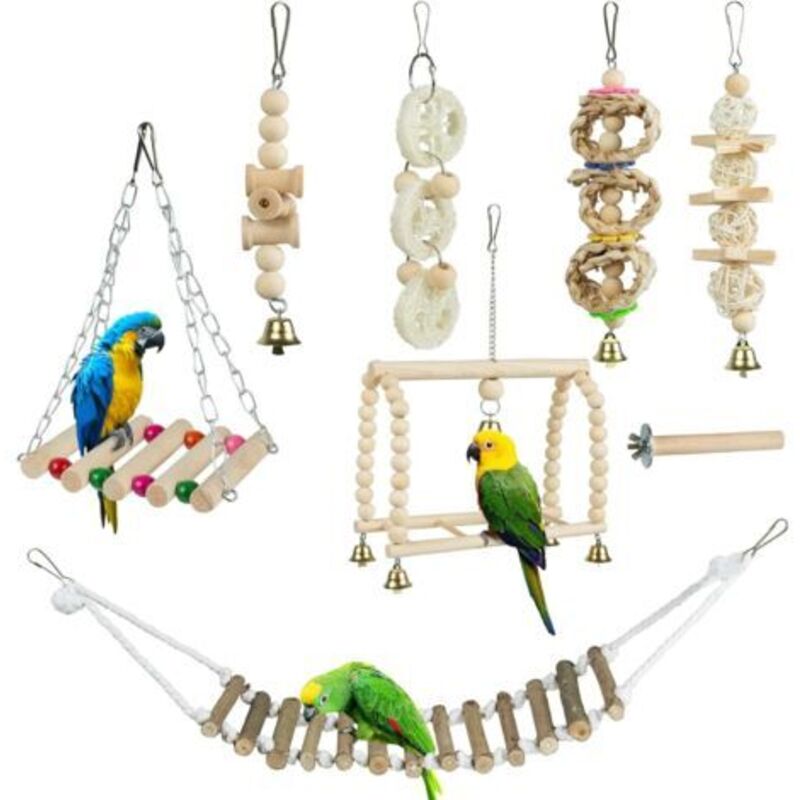 8 Piece Bird Toy Set Parrot Chewing Toys, Hanging Bells, Bird Cage Swing for Finches, Small Parakeets and More