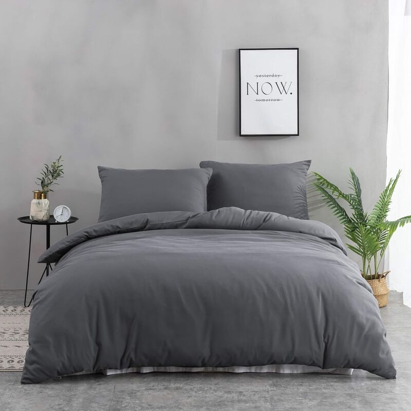 Aougo - 4-Piece Bed Set Duvet Cover 220x240 + Fitted Sheet 180x200cmx30cm with 2 Pillowcases 48x74cm Gray for 2 Persons Microfiber Bed Set