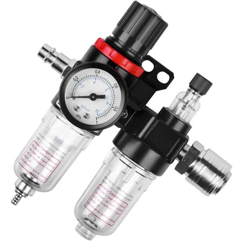 Compressed air regulator: 1/4" water separator. Compressed air pressure regulator with quick-connect fittings and pressure gauge, air filter,