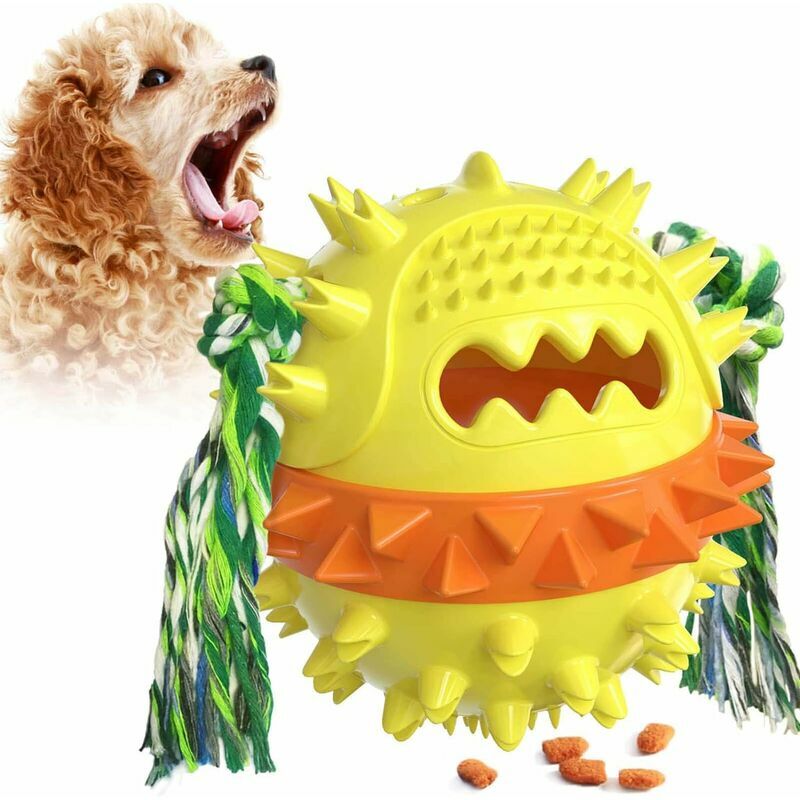 Dog Chew Toy, Dog Toothbrush Toy Flowing Food Ball with Teeth Cleaning Rope for Puppy Dogs (Yellow)