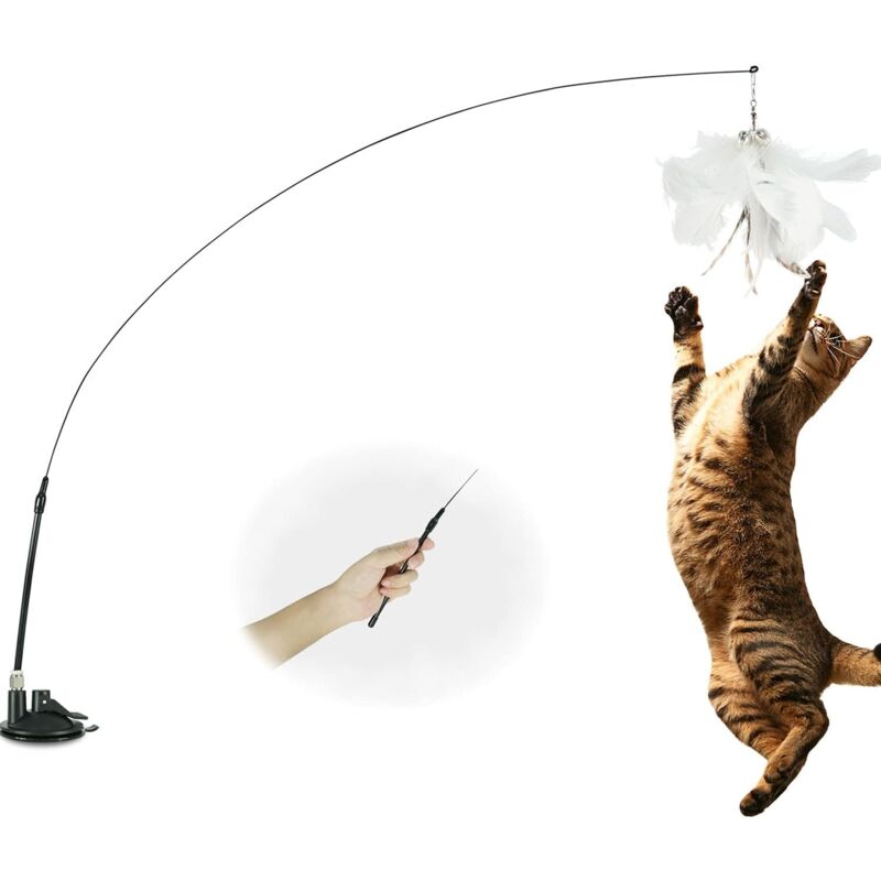 Longziming - Cat Feather Toys with Bell and Suction Cup, Interactive Kittens Wand Teaser Fishing Rod for Indoor