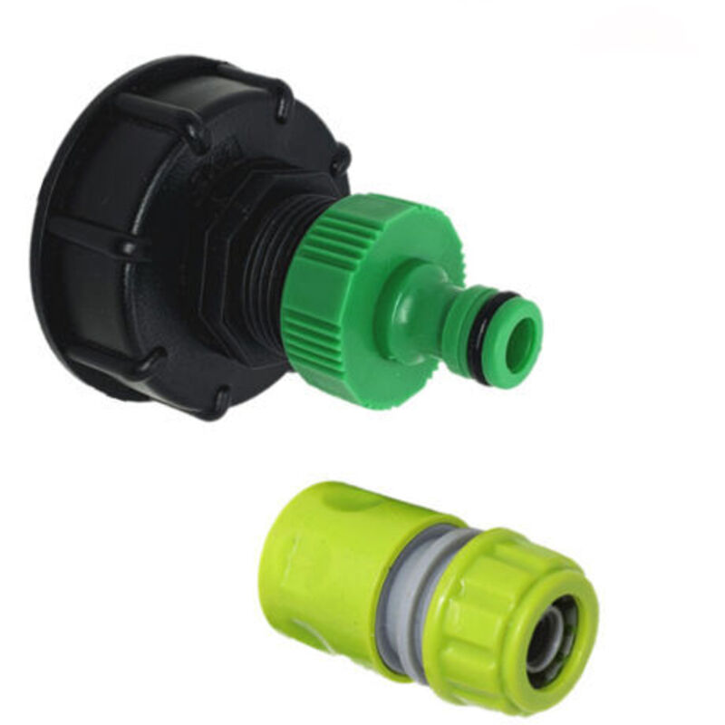 S60x6 fitting with 1" quick-release tap connector for IBC tank, 1,000 L rainwater harvesting (1" 90 g fitting and 4-point hose connector)