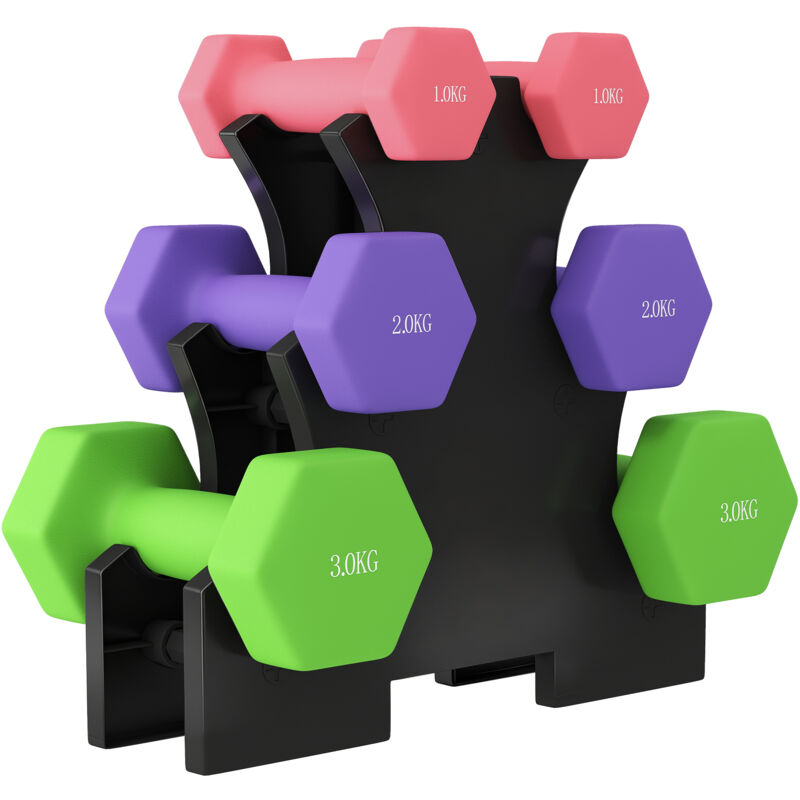 SPORTNOW Hex Dumbbells Set with Dumbbell Rack, 2 x 1kg, 2 x 2kg, 2 x 3kg