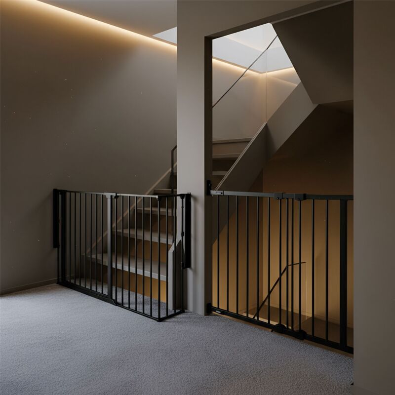 Safetots Solution for Up and Down Staircases, Black, Multi Panels, up to 174cm, and, Screw Fit Gate, 67cm - 105.5cm