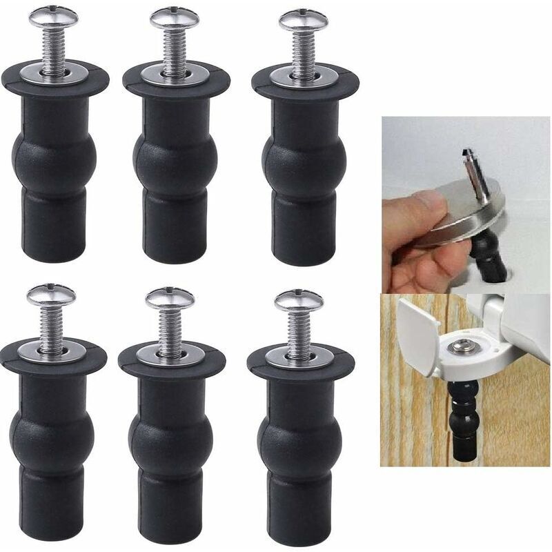 Set of 6 toilet seat screws, toilet seat fittings, toilet seat hinges, expandable rubber top nuts, screw fixings, blind hole toilet fittings