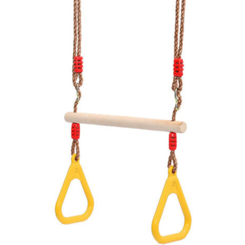Wooden trapeze swing with gymnastic ring, children's play structure with slide, for indoor and outdoor garden play (yellow)