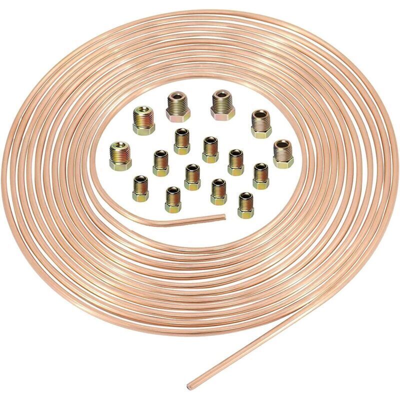 Copper Coated Brake Hose 25ft/7.62m Ø 4.75mm, 3/16" Replacement Brake Line Kit, Auto Brake Fuel Line Tube for Automobiles with 16 Fittings
