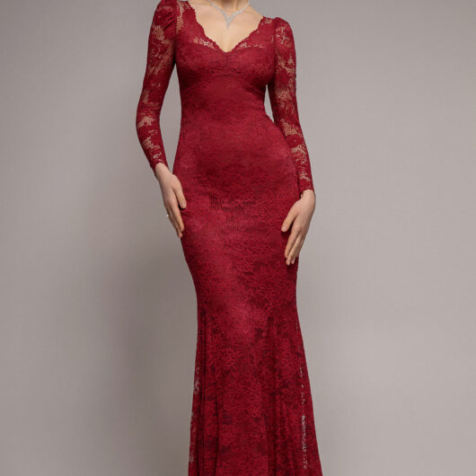 Fit & Flare Scallop Lace V Neck Maxi Dress - Burgundy by Goddiva