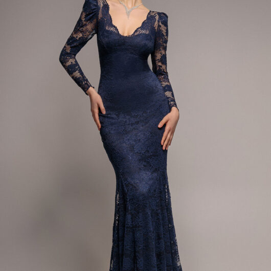 Fit & Flare Scallop Lace V Neck Maxi Dress - Navy Blue by Goddiva