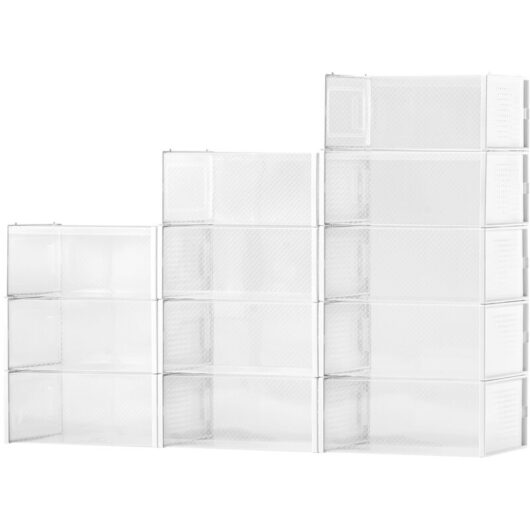 Mophorn - 12 Pack Stackable Shoe Storage Boxes, Modular Plastic Organizers for Shoes, High Heels, Boots, Hats, and More, Fits up to us Size 11, White