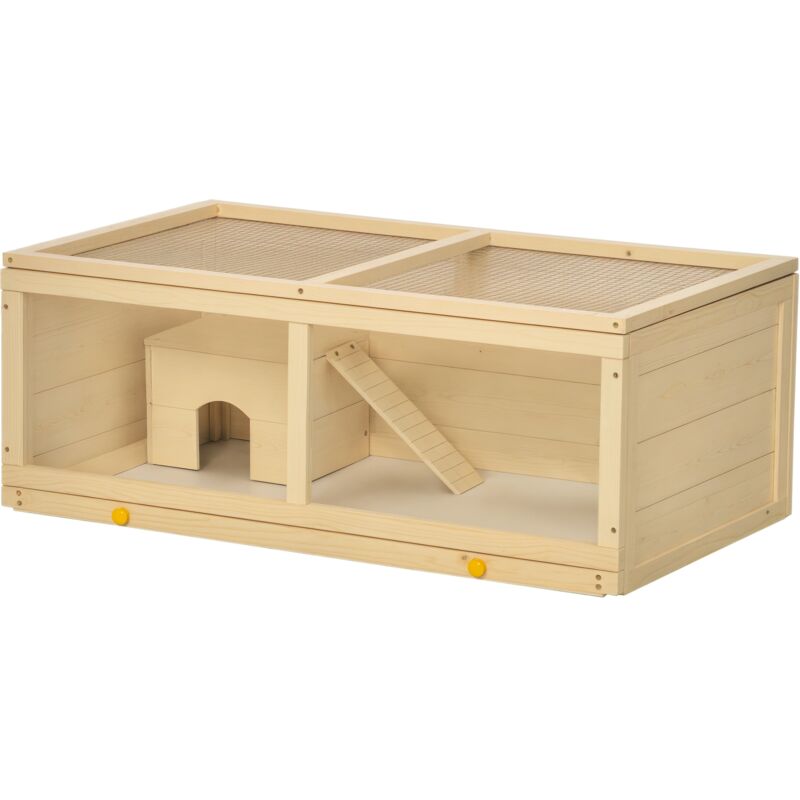Pawhut - Wooden Hamster Cage w/ Sliding Tray, Openable Top, Hut, Natural Wood