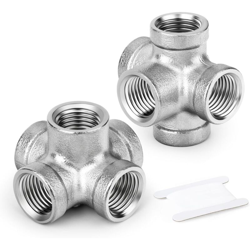 2-piece stainless steel 5-way side outlet tee, 1/2" BSP hose fitting for water and air hoses, industrial applications