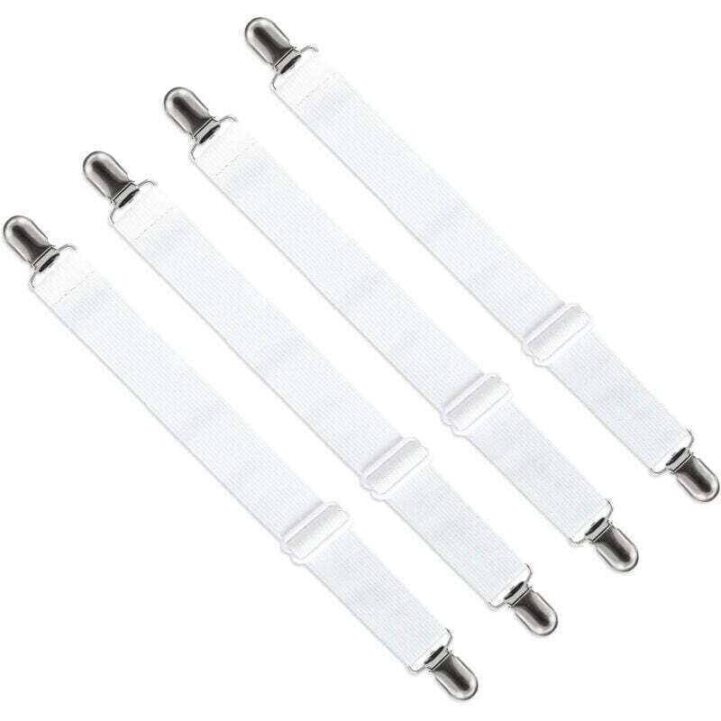 Adjustable Fitted Sheet Tensioner, Adjustable Strap Fastener for Bed Sheets, Sofa Sheets, Ironing Board Covers (White, Pack of 4)