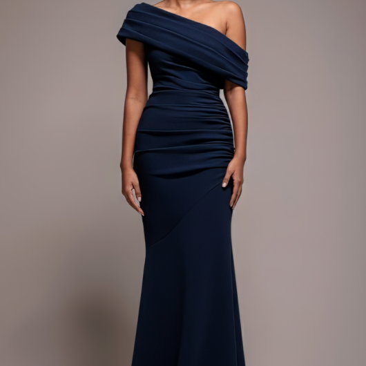 Pleated One Shoulder Bardot Fit And Flare Maxi Dress - Navy Blue by Goddiva