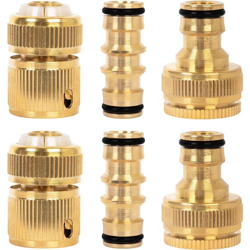 Set of 6 brass garden hose connectors - Rustproof hose fittings and connectors with 2 double male connectors, 2 x 1/2" hose ends, and 2 x 1/2" tap