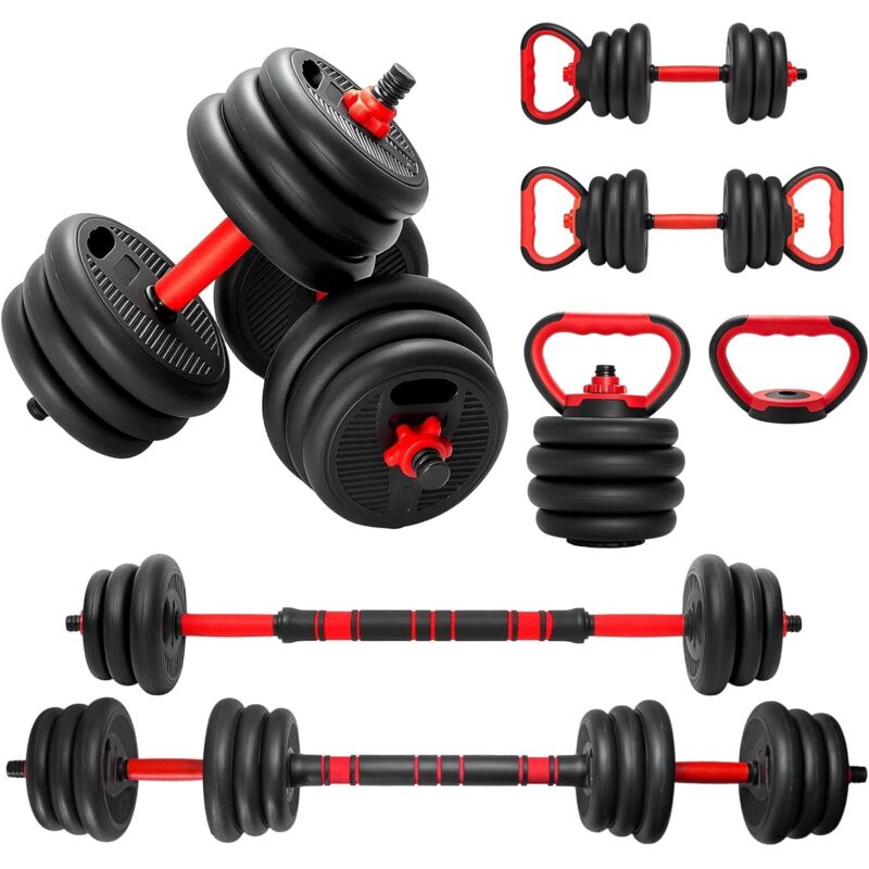 Trintion 4-in-1 Adjustable Dumbbell Set with Barbell & Kettlebell Handles, Free Weights Training Kit for Home Gym Fitness, 20kg Black/Red