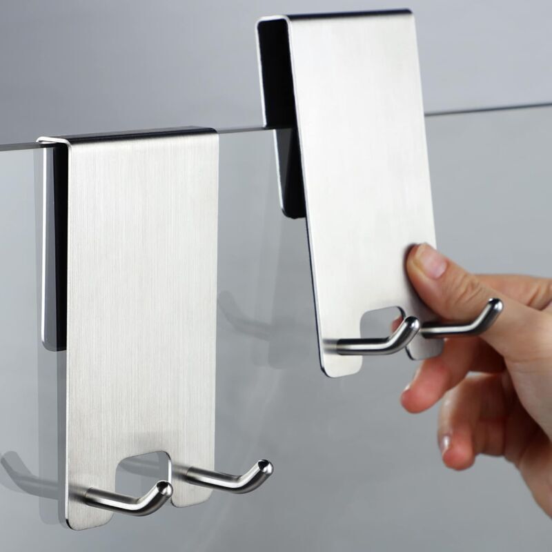 2-Piece Shower Hook Set, Wall-Mounted Shower Enclosure Hook, No-Drill Towel Hook, Bathroom Door Hooks, Fits 6-12mm Thick Glass, Brushed Stainless
